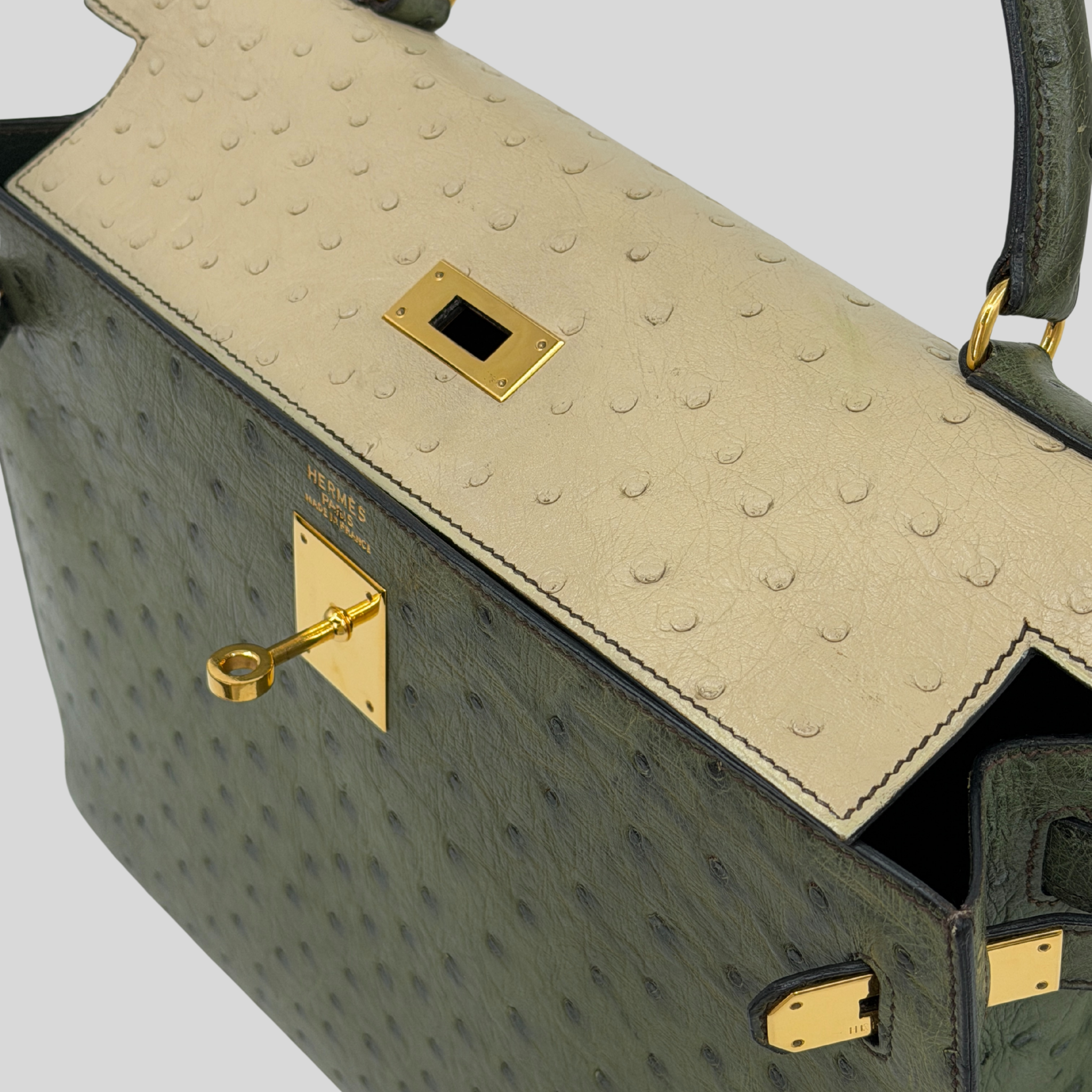 Hermès Rare Kelly 32 Vert Olive and Parchemin Ostrich Leather Gold Hardware | Randolph Goods