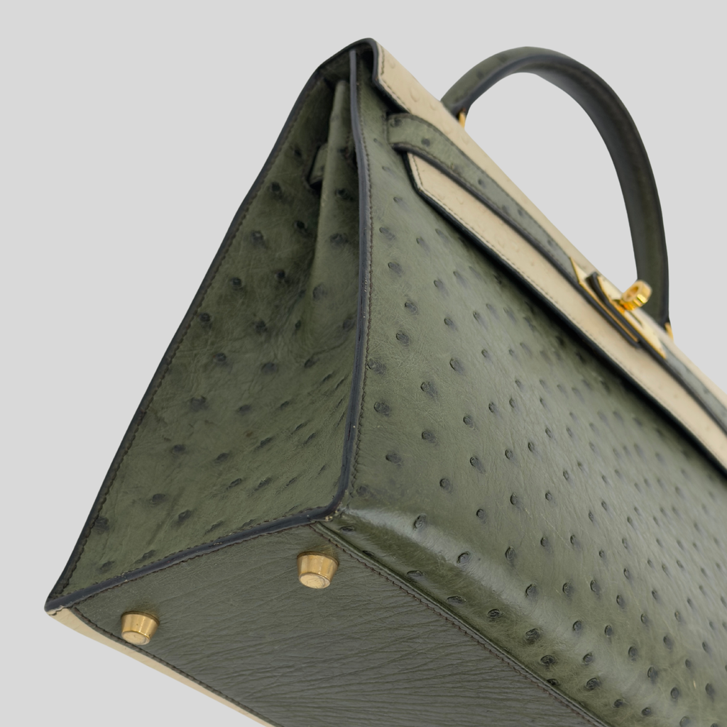 Hermès Rare Kelly 32 Vert Olive and Parchemin Ostrich Leather Gold Hardware | Randolph Goods