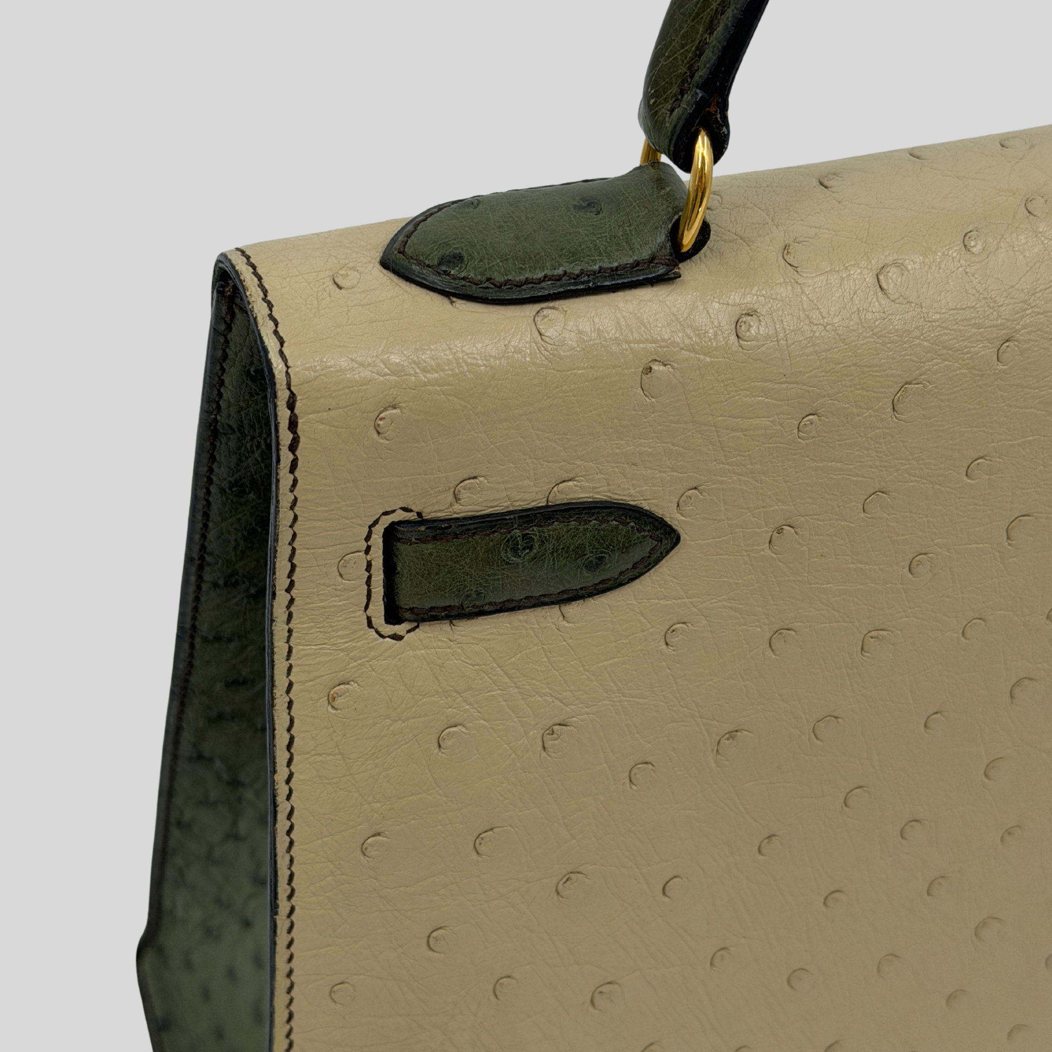 Hermès Rare Kelly 32 Vert Olive and Parchemin Ostrich Leather Gold Hardware | Randolph Goods