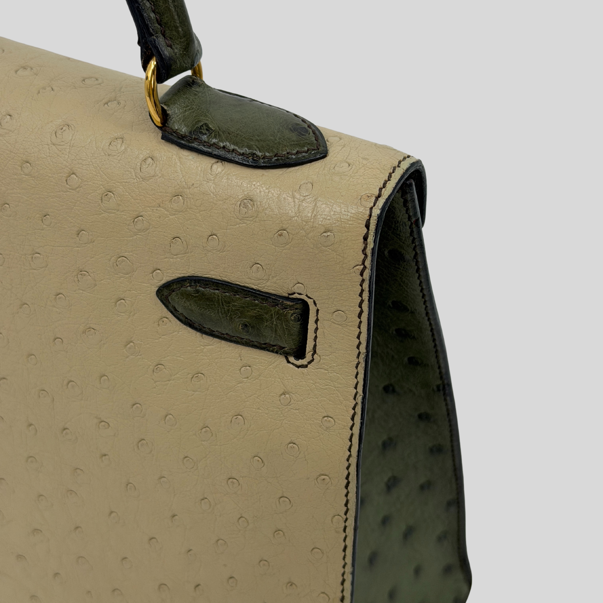 Hermès Rare Kelly 32 Vert Olive and Parchemin Ostrich Leather Gold Hardware | Randolph Goods