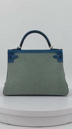 Hermès Kelly 32 Limited Edition Bleu de Galice Evercolor Leather and Ciel Veau Grizzly Suede Permabrass Hardware